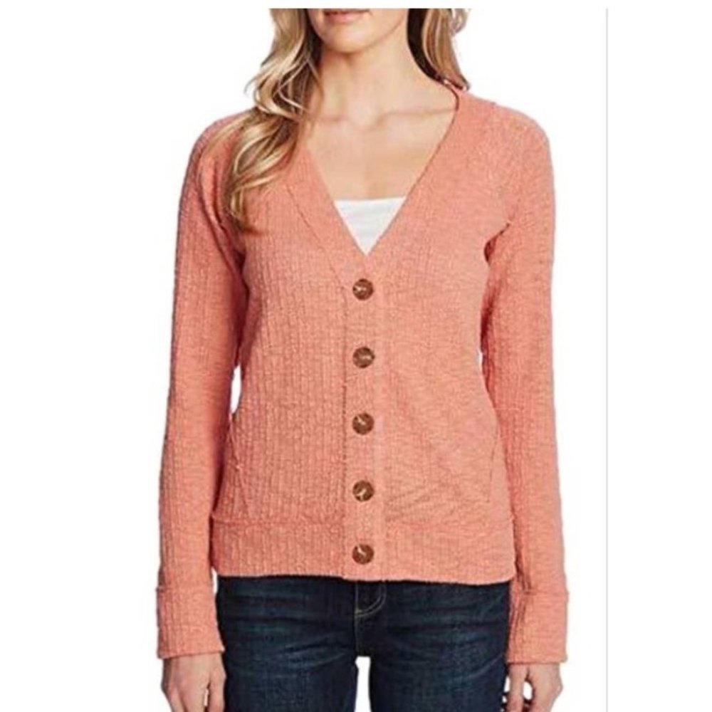 Two by Vince Camuto Peach Textured Button Cardigan Sweater